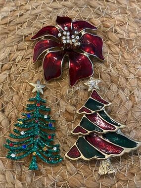 Festive Red Poinsettia & Christmas Tree Brooches Holiday Pin Set (unsigned)